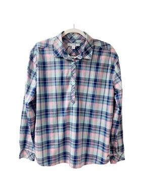 Country Club Coastal Southern Tide Womens Popover Plaid Shirt XL Nautical Preppy